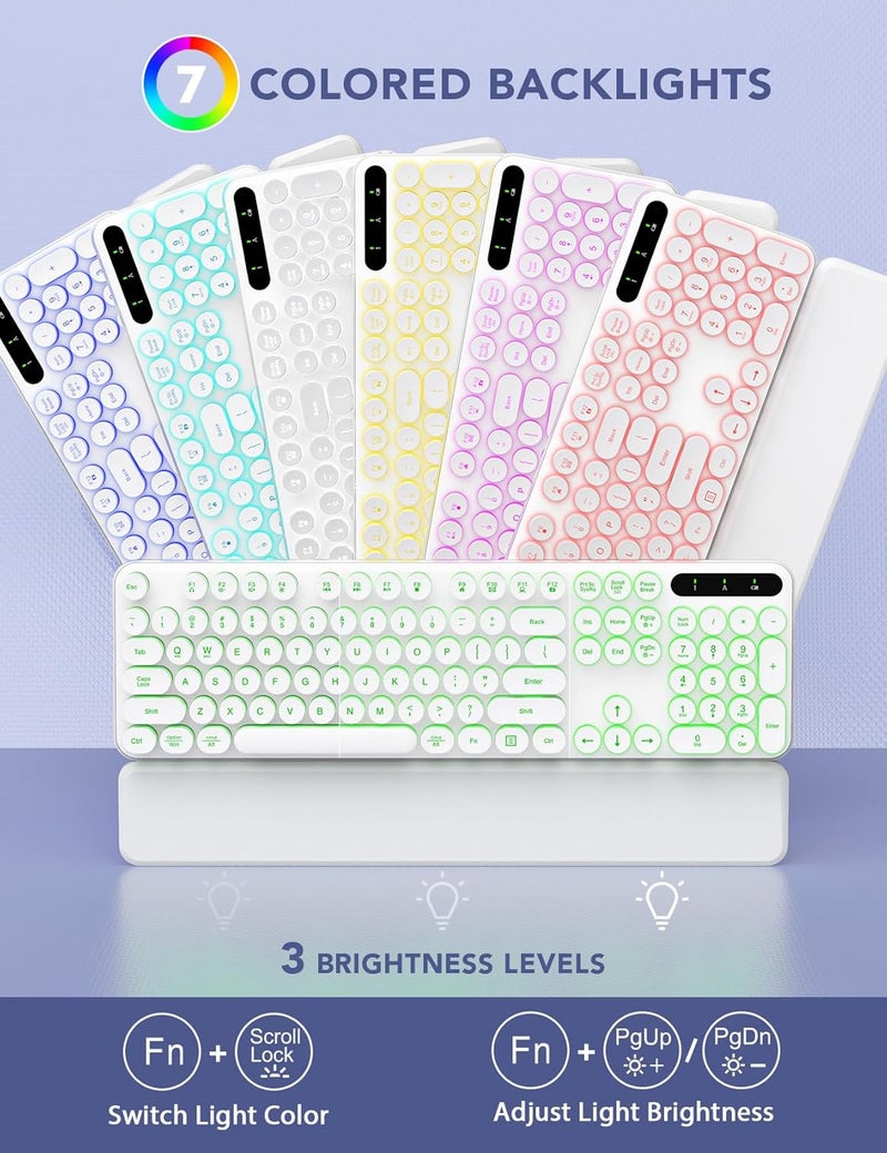 Trueque Wireless Keyboard and Mouse Backlit - Typewriter Keyboard with Retro Round Keycaps, Detachable Wrist Rest, Light Up Letters, 2.4G Rechargeable Combo for Mac, Windows, PC, Laptop, (White) - Image 2